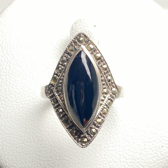 FAS Jewelry - Sterling Silver Marcasite Black Onyx Art Deco Style Ring 925 Size 5.5